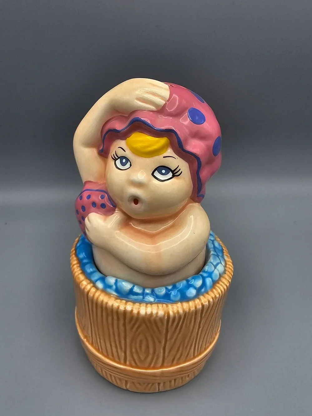 Vintage Ceramic Bathing Girl with Pink Polka Dot Cap Salt and Pepper Shakers